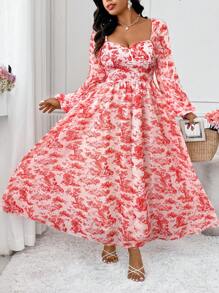 SHEIN Clasi Damen Kleid in Große Größen mit kleinem Blumenmuster, romantischer französischer Landhausstil mit Volants am Kragen, Langarm, taillierter Schnitt, lange Bauernkleid-Silhouette - Rot - Übersicht 8