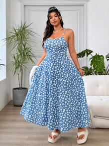 Solflare 2pcs Plus Size White Cardigan & Ditsy Floral Sling Dress Set,Summer Outfits For Women - Blue - View 5