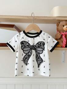 SHEIN Happikins Cute Bow Print Young Girl Casual Round Neck Short Sleeve T-Shirt, Suitable For Summer - Multicolor - View 2