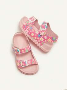 Cozy Pixies 1 双夏季可爱女童粉色碎花图案钩环休闲公主时尚百搭软底平底凉鞋