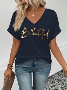 SHEIN LUNE New Fashion Women Metallic Letter Print V-Neck Loose Short Sleeve T-Shirt - Navy Blue - View 4