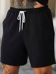 Manfinity Homme 2pcs/Set Men's Textured Jacquard Short Sleeve T-Shirt And Shorts Set - Black - View 4