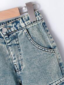 Genkimix Kids Young Boy Casual Contrast Stitching Relaxed Straight Leg Cargo Jeans, School, Campus, College Chic Outfits For Autumn/Winter - Light Wash - View 4