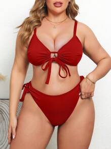 Swim Vcay Adjustable Strap Plus Size Swimsuit Set, Vacation Leisure Enhancing Front For Summer - Red - View 5