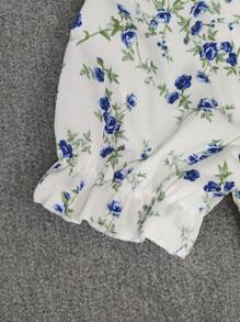 Franclia 方形领口短袖衬衫，带有夏季小碎花荷叶边上衣 - 藍色 - 查看 4