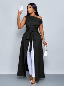 SOLERSUN Blusa asimétrica de cuello para mujer de talla grande con abertura en el muslo y atar al frente, de un solo hombro