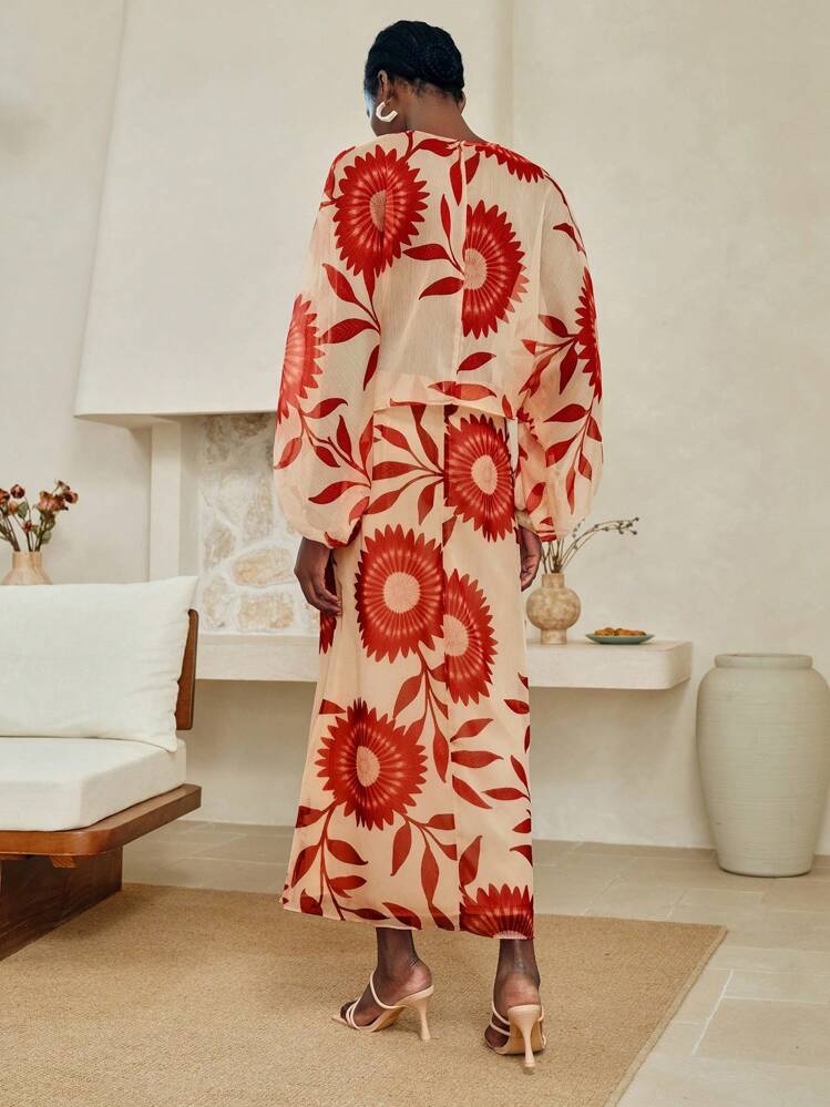 Arave Women Floral Print Chiffon Loose Two Pieces Set, Bat Wing Sleeves, Casual & Suitable For Holiday, 2pcs Women Chiffon Top & Vintage Floral Print Skirt Set, Bohemian Holiday Outfit Fall Women Clothes Fall Outfits Women Fall Autumn Clothes - Khaki - View 5