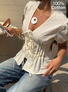 Siren Gaze 女士纯色前系带亚麻短袖衬衫，夏季 - 杏色 - 查看 1