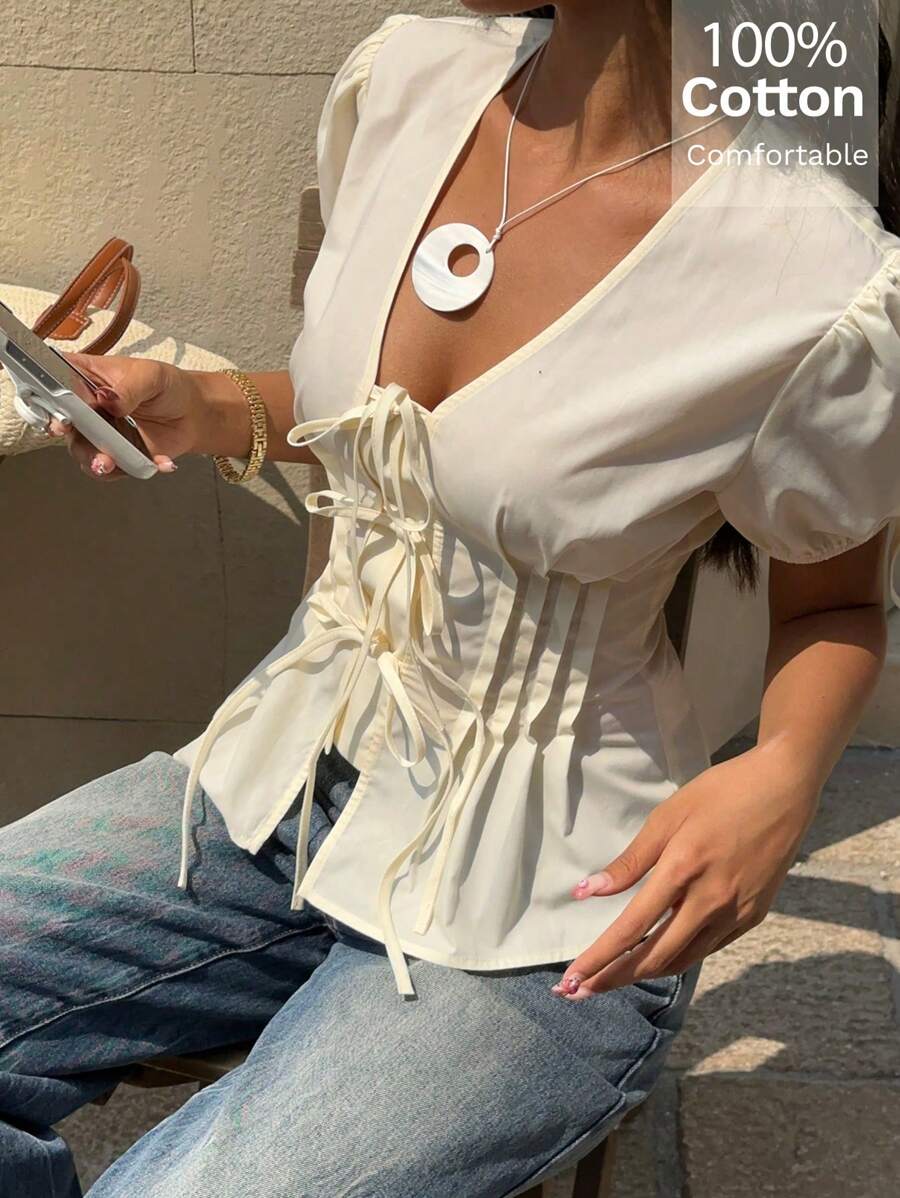 Siren Gaze 女士纯色前系带亚麻短袖衬衫，夏季 - 杏色 - 查看 1