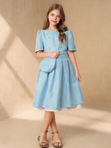Tween Girl Elegant Party Summer Blue Plaid Dress,Back-To-School Knitted Raglan Sleeve Patchwork White Fabric Gold Button Accent A-Line Princess Dress - Blue - View 3