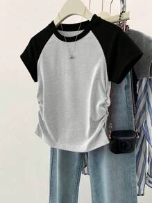 Teen Girl Casual Color Block Short Sleeve T-Shirt, Versatile & Minimalist - Multicolor - View 4