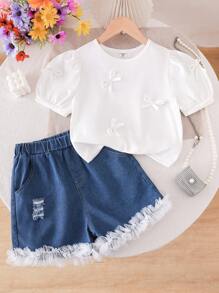 Süßes 2 Stücke Sommer-Set für Tween Mädchen, modische, lässige Jeans, einfarbiges, leichtes und bequemes T-Shirt mit Perlenschleife