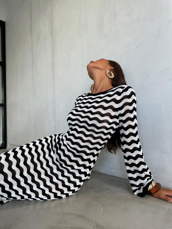 Aloruh Women's Elegant Spring And Summer Seaside Vacation Sun Protection Dress Bikini Semi-Transparent Breathable Cool Casual Daily Commuting Office Long-Sleeved Knitted Dress Wave Striped Round Neck Long-Sleeved Knitted Dress Navy Blue And White Pattern Maxi Dress