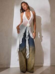 Aloruh 女士春夏新款纯白色无袖透视上衣，深V领荷叶边装饰宽松上衣，波西米亚风度假外套，适合夏季大道音乐节、锐舞音乐节、乡村音乐会等场合，透视上衣，西部风可爱夏季上衣，度假波西米亚风