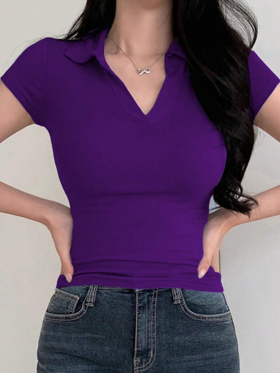 DAZY 女士休闲纯色紧身 Polo 领 T 恤，夏季，商务休闲女装 - 紫色 - 查看 1