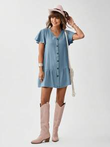 SHEIN LUNE Women Summer Button Decorated V-Neck Ruffle Short Sleeve Loose Fit Dress - Blue - View 2