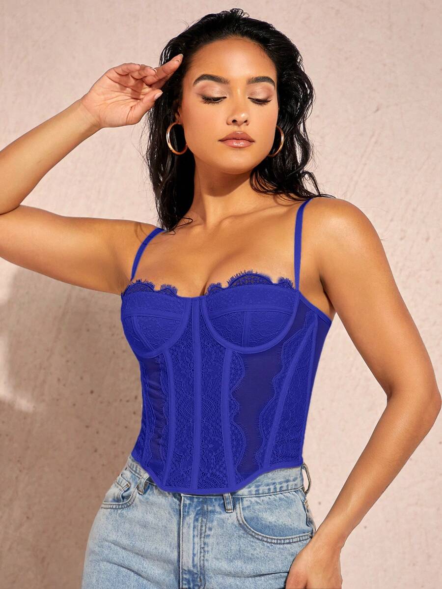 Silquee Camiseta De Malla Con Encaje Para Mujer, Ajustada Y Elegante - azul real - Ver 1