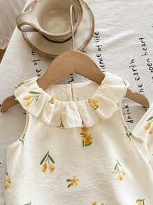 SHEIN LMoss Kids Babygirl 花卉印花荷叶边无袖上衣和松紧腰裤两件套套装，夏季度假 - 彩色 - 查看 3