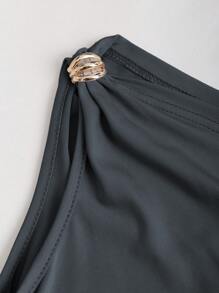 Sweetra Women's New Ruched Asymmetrical Shoulder Black Tee With Metallic Decor, Versatile For Commute And Casual Wear, Spring/Summer - Grey - View 3