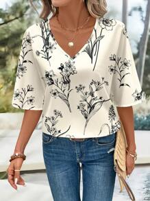 EMERY ROSE Camisa informal suelta de mujer con escote en V y mangas 3/4, adecuada para el verano - Multicolor - Ver 6