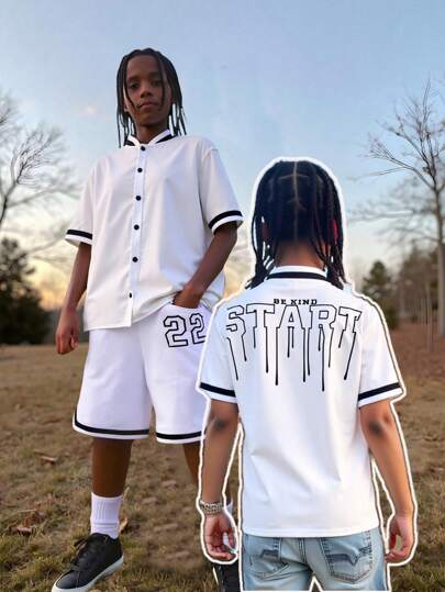 SHEIN 1 件青少年男孩休闲运动学院艺术风格复古白色棒球夹克立领衬衫背面有大字母适合返校适合日常使用适合日常使用适合上学适合旅行适合运动适合春夏季节