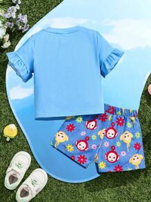 Teletubbies X SHEIN Young Girl Cartoon Rainbow Cute Ruffle Trim Blue Short Sleeve T-Shirt And Blue Denim Effect Shorts Set