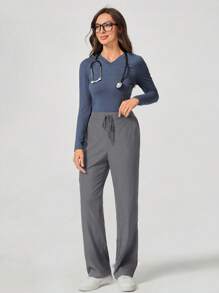 TaskEZ Solid Color Multi-Pocket High Waist Scrub Uniform Bottom - Light Grey - View 3