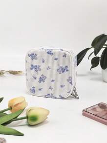 Mari Primo studio Bolsa de almacenamiento de toallas sanitarias y estuche de cosméticos con estampado floral diminuto púrpura para chicas adolescentes, ideal para verano
