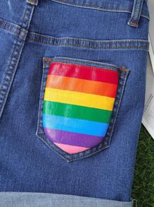 SHEIN Tween Girls Summer Festival Rainbow Print Blue Denim Elastic Skinny Denim Jeans Shorts With Rolled Hem,Tween Girl Summer Casual Shorts Outfits,Girls Beach Boho Vacation Rave Concert Festival Outfits - Light Wash - View 6