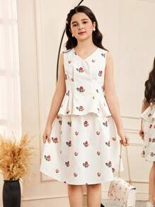 SHEIN Leap Crew Tween Girl Comfortable Casual Simplistic Round Neck Sleeveless Ditsy Floral Tank Top & Mini Skirt 2pcs Set - White - View 4