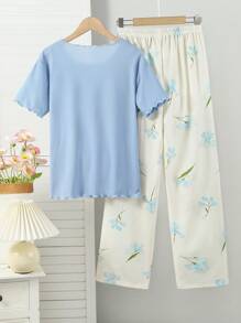 两件套：少女紫色纯色优雅上衣和印花休闲裤，家居服 - 藍色 - 查看 2