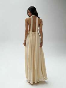 Aloruh Women's Elegant Sexy Wedding Guest Dress Cocktail Dance Graduation Season Dress Birthday Party Dress Seaside Holiday Daily Leisure Commuting Simple Solid Color Maxi Dress Apricot Mesh Knitted Halter Backless Vacation Dress,Graduation,Teacher Outfits For Women,Teacher Dress - Apricot - View 3