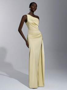 SHEIN Belle Elegant, Romantic, Sexy, Minimalist Sleeveless Backless Ruffle Trim Bodycon Dress With High Slit, In Light Yellow Satin Fabric, Suitable For Fashion, Influencer Style, Holidays, Vacation, Birthday Party, Wedding, Bridesmaid - Yellow - View 7