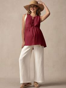 Boho Mama Maternity Casual Solid Color Front Tie Sleeveless Shirt, Summer - Burgundy - View 3
