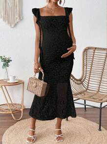 SHEIN Pregnant Women Square Neck Floral Lace Fitted Elegant Ruffle Trim Dress Maternity Dress - Black - View 6
