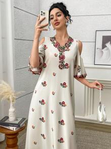 Yasmyna Women's Elegant Floral Embroidery Off-Shoulder Ruffle Hem Dress, Summer Women Summer Dresses Women Maxi Dresses