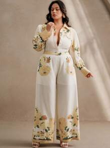 Anewsta Conjunto de 2 piezas de camisa y pantalones con estampado floral tejido para mujeres, elegante para primavera/verano y vacaciones románticas