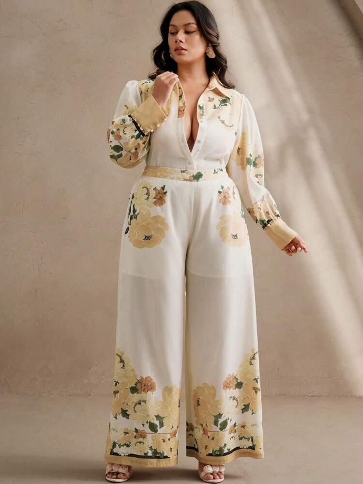 Women Floral Placement Print Woven Shirt And Pants 2 Pieces Set, Romantic Spring/Summer Holiday Elegant