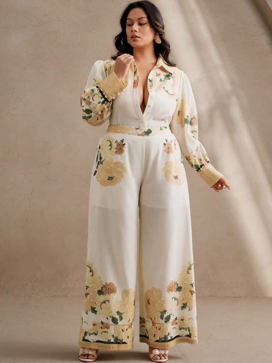 Anewsta Conjunto de 2 piezas de camisa y pantalones con estampado floral tejido para mujeres, elegante para primavera/verano y vacaciones románticas