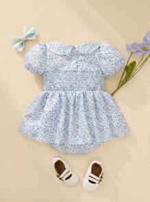 Newborn Baby Girls' Ditsy Floral Ruffled Collar Bodysuit, Practical For Summer Wear With Bow Embroidered Decor For A More Refined Look - Multicolor - View 2