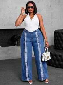 SHEIN SXY 大码女牛仔时尚性感开叉宽松牛仔裤，秋季节日优雅度假多扣拼色宽松牛仔裤 - 藍色 - 查看 4