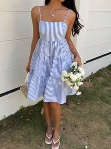MainGRL 女士蓝色条纹梭织吊带背心连衣裙 - 淺色水洗藍 - 查看 6