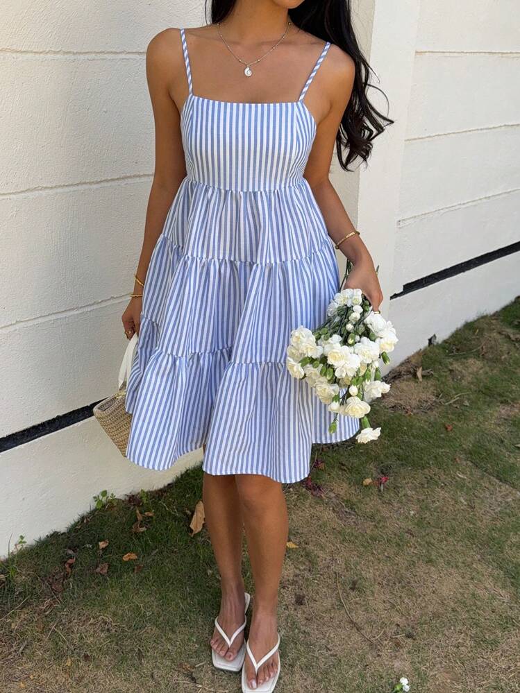 MainGRL Vestido Camisole Tecido de Listras Azul para Mulheres - Lavagem clara - Visão 6