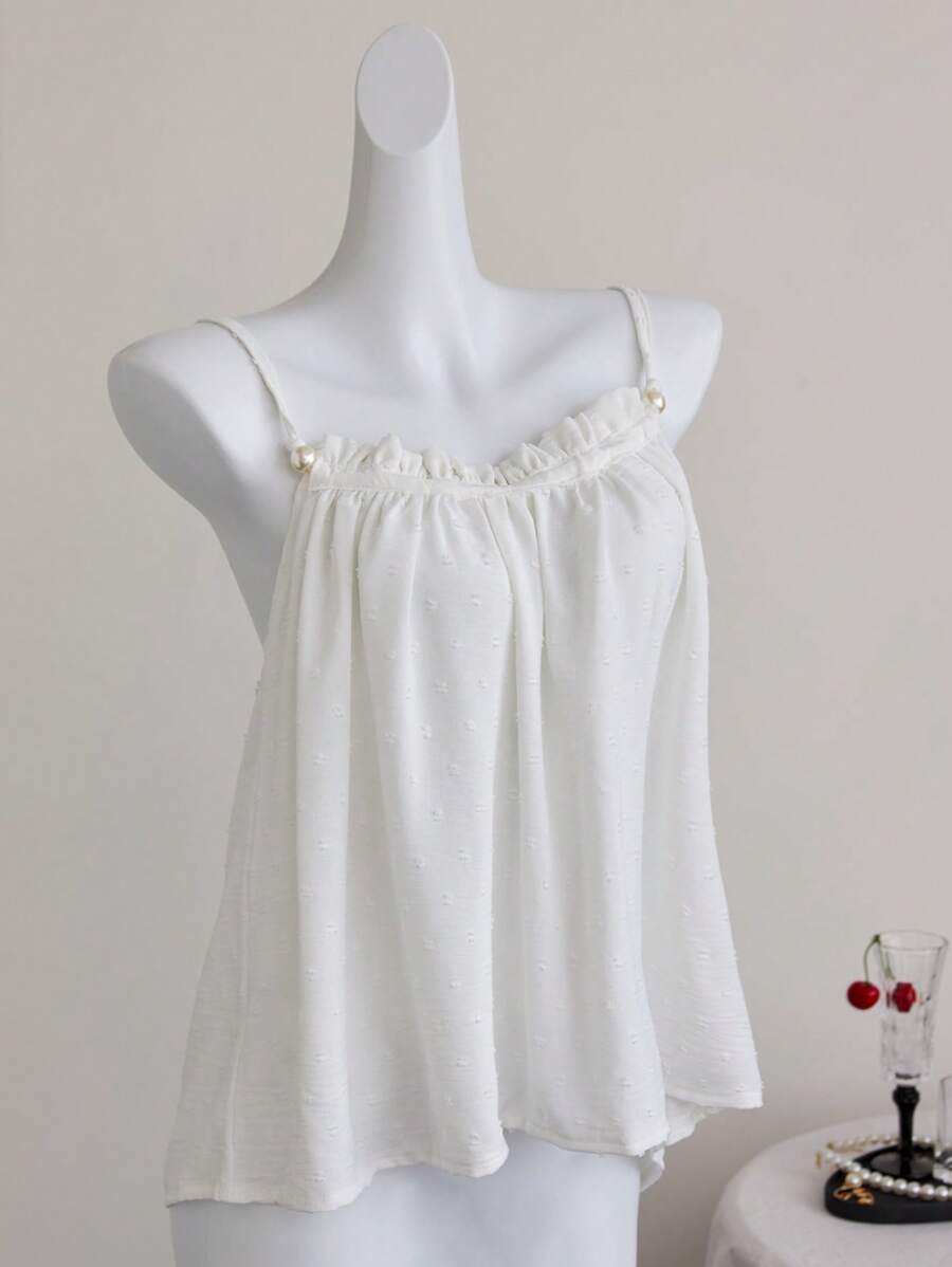 Elamini 浪漫假期圆点雪纺抽绳珍珠装饰吊带背心 - 白色 - 查看 1