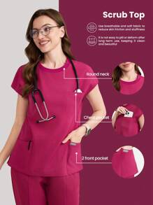 Scrubzie Women's Solid Color Round Neck Short Sleeve Pocket Casual /Nursing Scrub Top