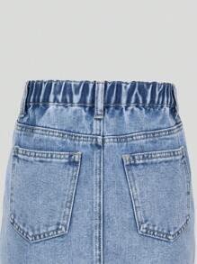 Falda vaquera informal y versátil con cintura elástica y bordado de estrella de cinco puntas, para niñas preadolescentes - Azul lavado medio - Ver 5