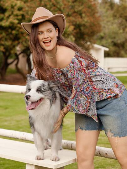 LanaWest Plus Size Women Off-Shoulder Loose Flattering Asymmetrical Ditsy Floral Blouse