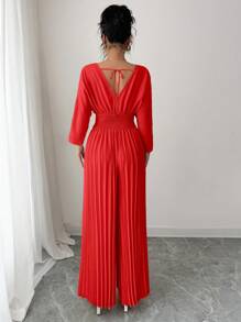 Rafferiza 女士纯色长袖连体裤，夏季时尚 - 紅色 - 查看 2