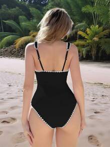 Swim Mod Women's Beach Outfits, Flower Print Solid Color Ribbed Slim Fit One-Piece Swimsuit, New Minimalist Design For Summer