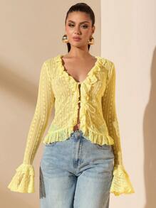 SHEIN BAE Apricot Lace Blouse With Ruffle Trim & Tie Neck, Sexy Minimalist Design, Versatile For Spring, Summer, Date, Party, Wedding, Work And Daily Wear - Yellow - View 7